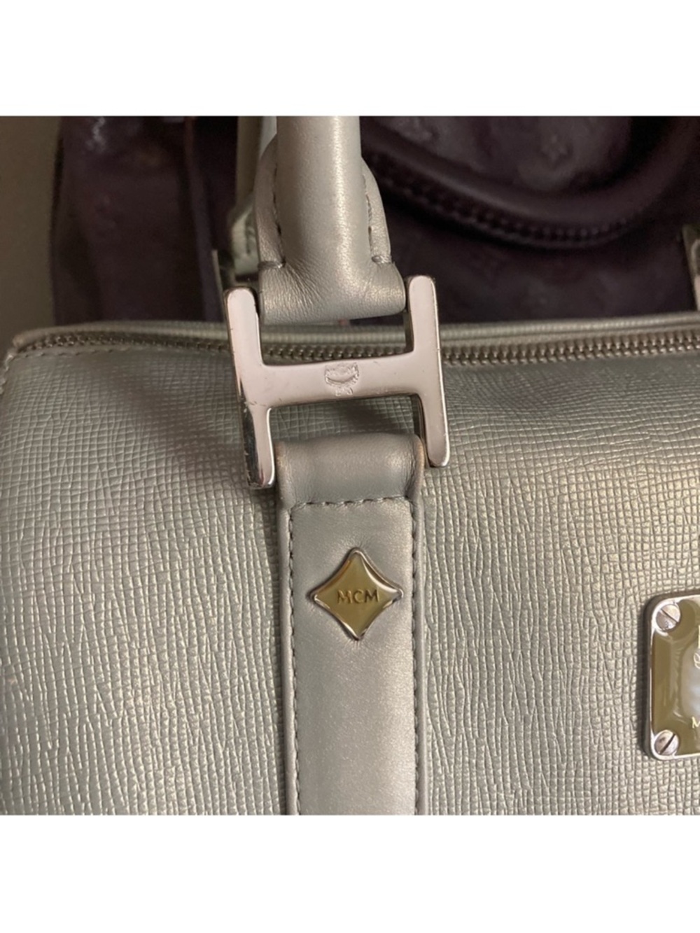 AUTHENTIC MCM 🩶Silver Studded Saffiano leather Boston Handbag EUC - Picture 7 of 16